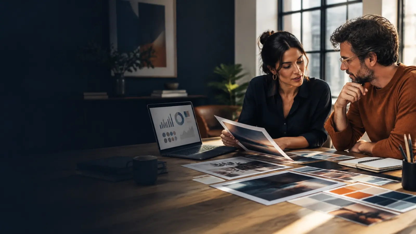 A creative strategist and business owner reviewing campaign concepts together